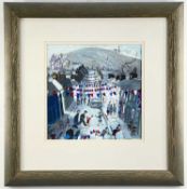 ‡ NICK HOLLY acrylic - busy scene depicting St Thomas Steet, showing figures under bunting, Kilvey