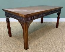 19TH CENTURY MAHOGANY SERVING TABLE, plain rectangular top above fluted frieze, pieced spandrel