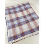 TRADITIONAL WOOLLEN BLANKET, probably Welsh, grey/blue/brown plaid, 72 x 218cm Comments: carefully
