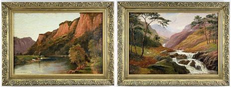M. PORTER, oil on board, Cattle watering beneath a red cliff face, and a companion, signed and dated