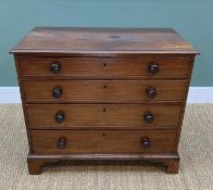 GEORGE III MAHOGANY CHEST, moulded top above 4 graduated long cockbeaded drawers, later turned