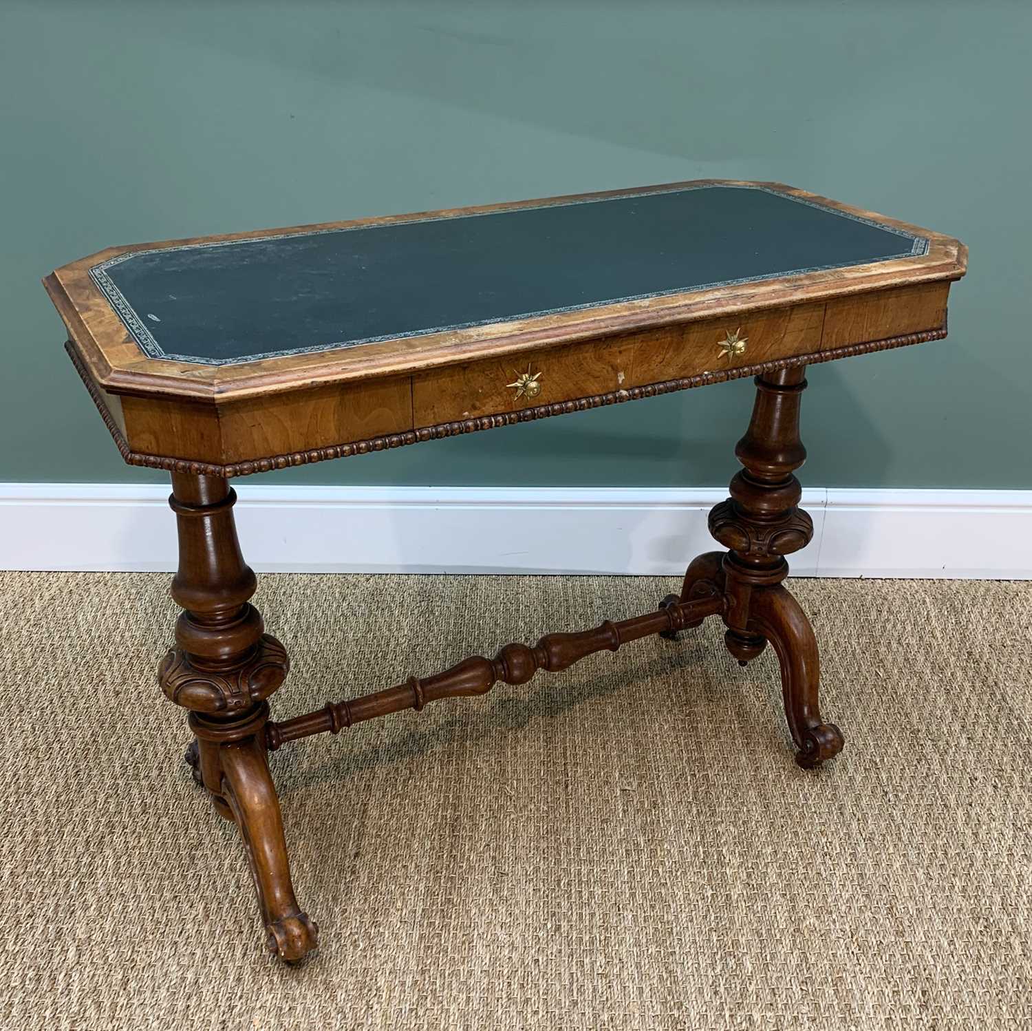 MID-VICTORIAN WALNUT TABLE, chamfered rectangular top inset with rexine writing surface, frieze - Image 2 of 4