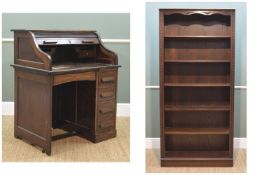 VINTAGE ROLLTOP DESK & REPRODUCTION BOOKCASE, both stained oak/elm, desk with tambour front, 92cms