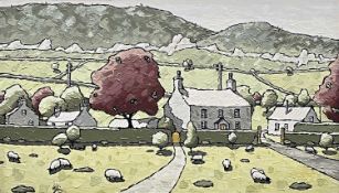 ALAN WILLIAMS acrylic on board - farm buildings with grazing sheep, entitled verso 'Cottage