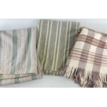 THREE TRADITIONAL WOOLLEN BLANKETS, probably Welsh, including two sage/purple/grey/cream striped