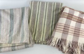 THREE TRADITIONAL WOOLLEN BLANKETS, probably Welsh, including two sage/purple/grey/cream striped