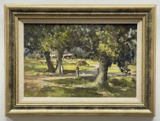 ‡ JOHN NEALS, oil on board - Trees with farm in the distance, signed, 24 x 36.5cm