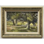 ‡ JOHN NEALS, oil on board - Trees with farm in the distance, signed, 24 x 36.5cm