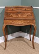 FRENCH LOUIS XV STYLE ROSEWOOD MARQUETRY BOMBE BUREAU DE DAME, gilt brass 3/4 gallery above two