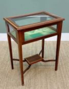 SHERATON-STYLE MAHOGANY & SATINWOOD CROSSBANDED BIJOUTERIE TABLE, hinged and glazed top and sides on
