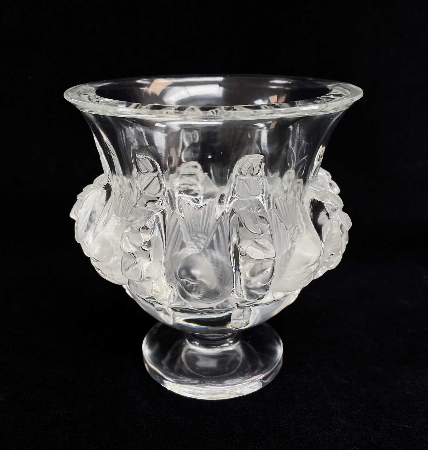 LALIQUE 'DAMPIERE' GLASS VASE, frosted and polished with birds and leaves, etched 'Lalique,