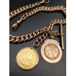 9CT GOLD ALBERT WATCH CHAIN, having graduated curb links, T bar, 9ct gold 'Dudley & District