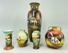 FIVE PIECES OF ROYAL DOULTON / BURSLEM 'HOLBEIN' WARE comprising tall vase (29cms high) depicting