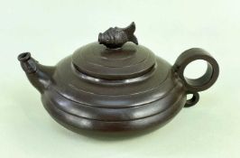 YIXING POTTERY TEAPOT, by Li Huifang, fish ripple design with carp head spout and double loop