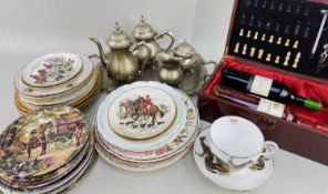 ASSORTED CERAMICS, SILVER PLATE & WINE, including various hunting / racing china, plated tea and