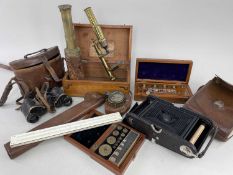 ASSORTED SCIENTIFIC INSTRUMENTS including H. Hughes 'Optician' lacquered brass minocular telescope