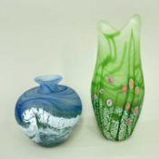 TWO NORMAN STUART ART GLASS VASES, comprising tall green floral vase (21cms high), initials to base,