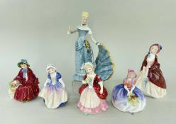 FIVE SMALL ROYAL DOULTON BONE CHINA FIGURES OF LADIES, including HN1988 'PAISLEY SHAWL', together