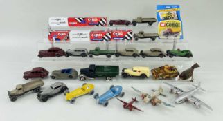 ASSORTED DIECAST & TIN PLATE TOYS, mostly playworn, including Dinky trucks, Gasouy Septoy racing