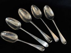FIVE GEORGIAN SILVER TABLESPOONS, including a George II pair by John Whiting, London 1743, tot appr.