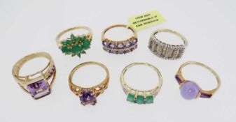SEVEN 9K GOLD RINGS, set with an assortment of semi-precious gem stones, some stamped 'QVC', 22.8gms