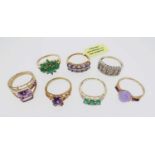 SEVEN 9K GOLD RINGS, set with an assortment of semi-precious gem stones, some stamped 'QVC', 22.8gms