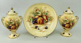 AYNSLEY 'ORCHARD GOLD' PATTERN PAIR OF VASES & COVERS, & FRUIT BOWL, all decorated with autumn