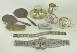 ASSORTED SILVER & PLATE, including GV capstan inkwell, GV christening cup engraved with chickens,