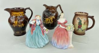 FIVE ROYAL DOULTON ITEMS comprising 'Duke of York' jug (18cms high), golfing jug D 5716 (14.5cms