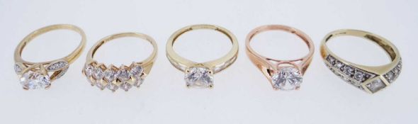 FIVE 14K GOLD CUBIC ZIRCONIA DRESS RINGS, of various design, 15.5gms gross (5) Provenance: private