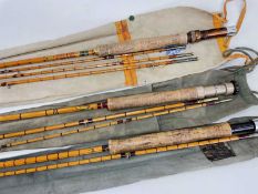 THREE SPLIT CANE FLY FISHING RODS, comprising Hardy 'The Pope' 2-piece 299cm rod, Alcocks Gilmour