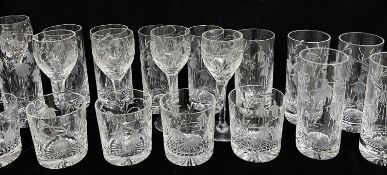 PART SUITE OF FLORAL ENGRAVED GLASS TABLEWARE, including 10x white wine, 1x red wine, 10x