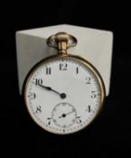 9CT GOLD OPEN FACED POCKET WATCH, top wind with arabic dial. subsid. seconds, Swiss lever '