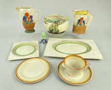 ASSORTED CLARICE CLIFF POTTERY, including two 'Crocus' jugs, 'Autumn Leaf' bowl, conical banded trio