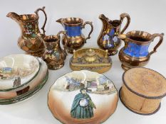 ASSORTED CERAMICS, including Royal Doulton 7 seriesware bowls, 5 various copper lustre jugs,