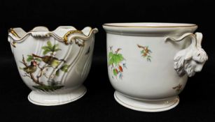 TWO HEREND PORCELAIN CACHE POTS, one with goats mask handles, the other with Rococo edge, painted