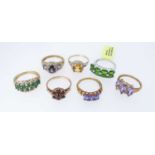 SEVEN 9K GOLD GEM SET RINGS, set with an assortment of semi-precious gem stones, one set with