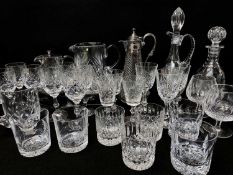 ASSORTED CUT CLASS TABLEWARE, including electroplate mounted claret jug, various decanters and water