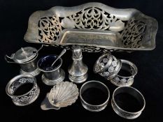 GROUP OF SILVER TABLEWARE, comprising George VI pierced bread basket with engraved inscription dated