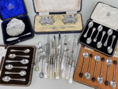 ASSORTED BOXED SILVER SPOONS & TABLEWARE, including set 6 coffee bean spoons, set 6 trefid coffee