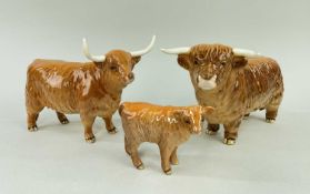 BESWICK HIGHLAND CATTLE, comprising bull (2008), cow (1740) and calf (1827D) (3)