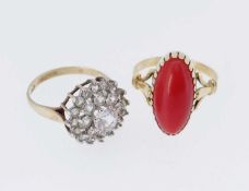 TWO GOLD RINGS comprising 18ct gold coral cabochon ring, (3.7gms), ring size N, together with 9ct