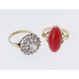 TWO GOLD RINGS comprising 18ct gold coral cabochon ring, (3.7gms), ring size N, together with 9ct