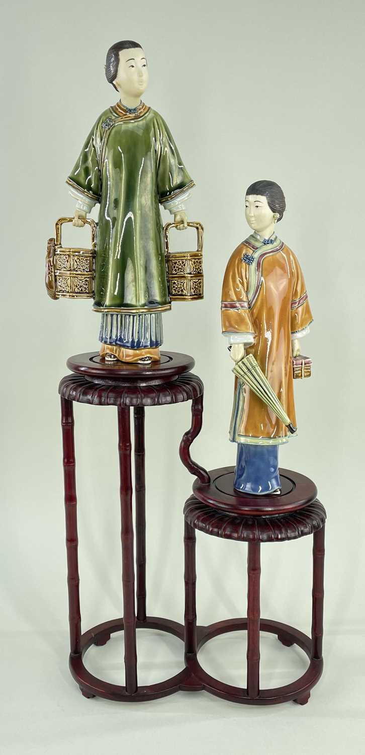 PAIR OF MODERN CHINESE STONEWARE FIGURES OF LADIES, in country outfits, one holding lunch baskets, - Image 2 of 2