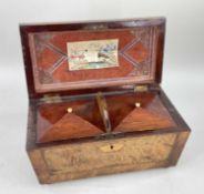 GEORGE III BURR WALNUT TEA CADDY, sarcophagus form, ebony & boxwood strung panels, lid lined in