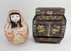 JAPANESE LACQUER TABLE CABINET & MONGOLIAN DOLL, cabinet with gilt foliate decoration, 24cm h;