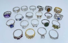 TWENTY ONE SILVER MODERN DRESS RINGS, set with varied semi-precious gem stones including '