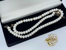 PEARL JEWELLERY comprising string of cultured pearls, 43cms long, with 9ct gold clasp, together with