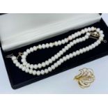 PEARL JEWELLERY comprising string of cultured pearls, 43cms long, with 9ct gold clasp, together with