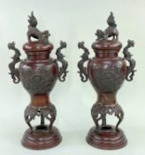 PAIR JAPANESE PATINATED BRONZE VASES & COVERS, vases 39cms high